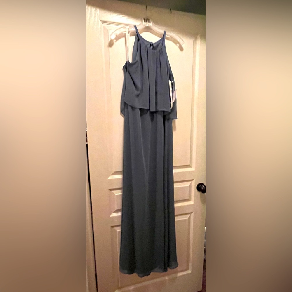 Steel blue long dress with high neck